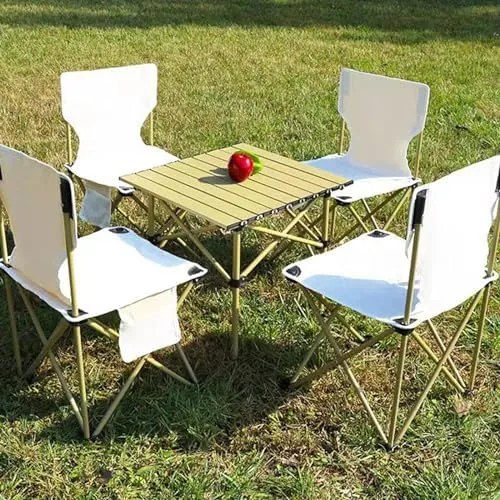 Folding Outdoor Camping Picnic Tables and Chairs, Carbon Steel Foldable Roll-up Table Top Small Picnic Table, Portable Fishing Chair Set, Easy to Assemble (White96cm5PCSWhite Chair)