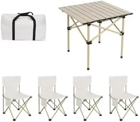 Folding Outdoor Camping Picnic Tables and Chairs, Carbon Steel Foldable Roll-up Table Top Small Picnic Table, Portable Fishing Chair Set, Easy to Assemble (White96cm5PCSWhite Chair)