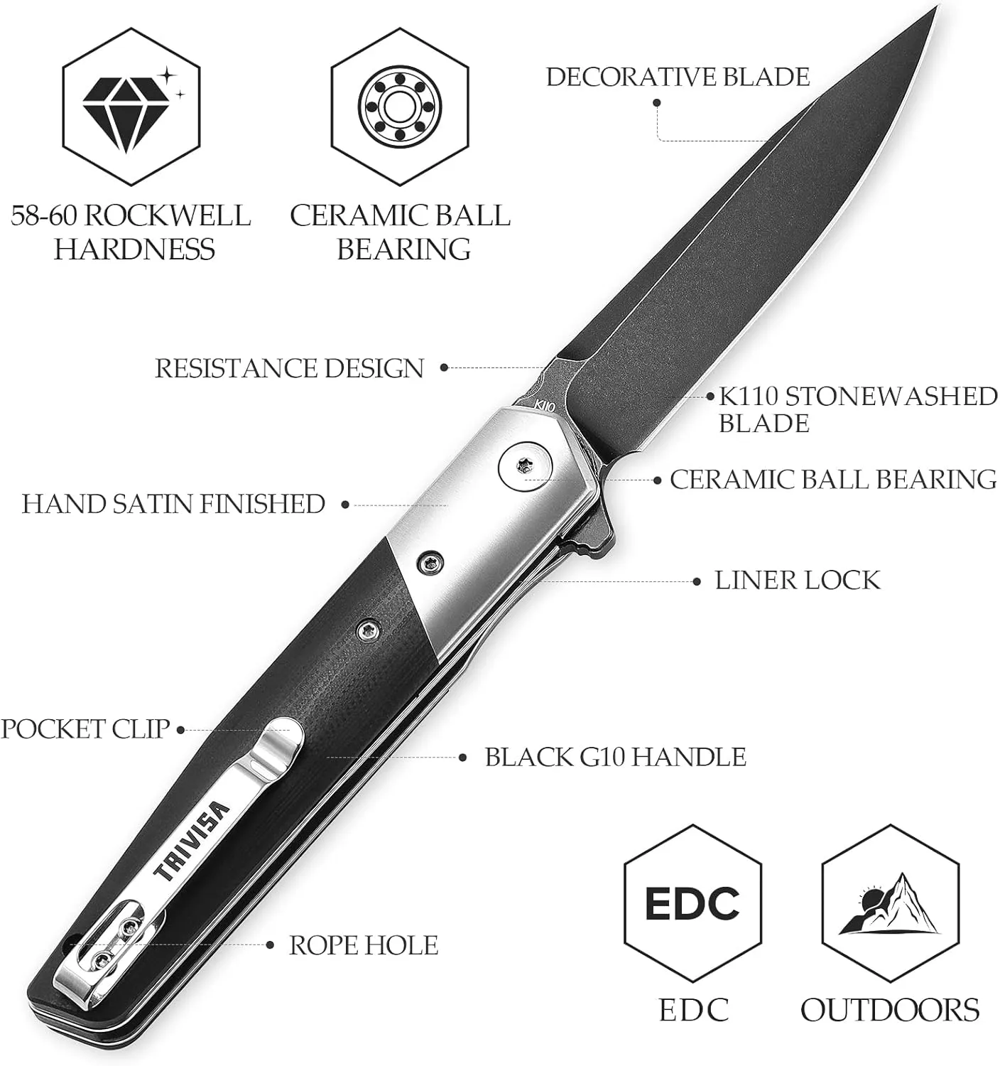 Folding Pocket Gentleman's Knife for Men with Clip, Outdoor Camping EDC Knives, 3.5" Tumbled PVD Blackwash K110 Steel Flipper Blade,Satin Bolster & G10 Scale, Leominor-03B