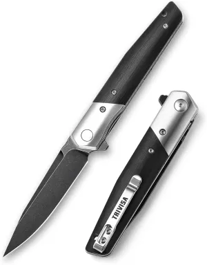 Folding Pocket Gentleman's Knife for Men with Clip, Outdoor Camping EDC Knives, 3.5" Tumbled PVD Blackwash K110 Steel Flipper Blade,Satin Bolster & G10 Scale, Leominor-03B