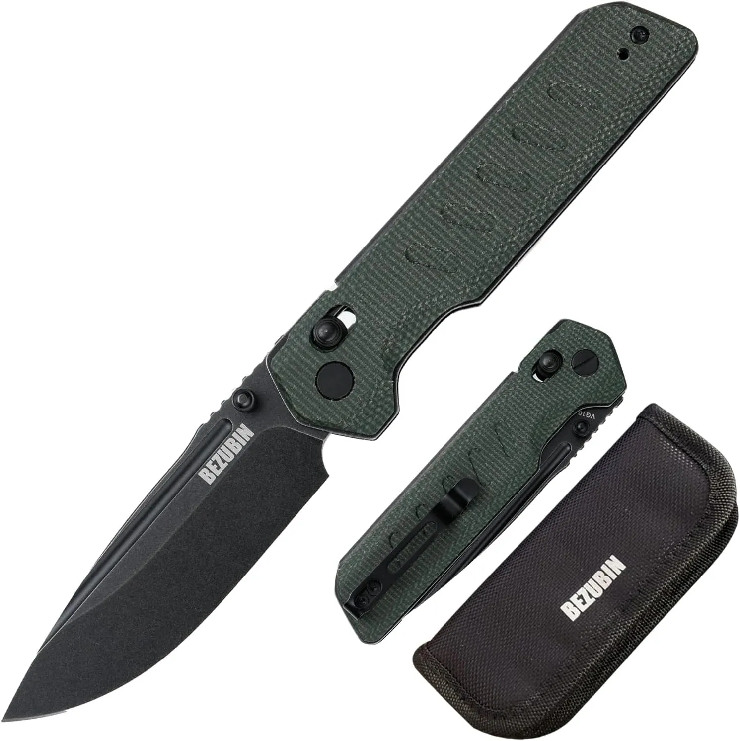 Folding Pocket Knife 3.25" VG10 Blade EDC Folding Knife with Safety Axis Lock Army Green Micarta G10 Handle Hunting Camping Knife with Thumb Stud Opener