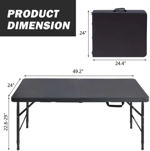 Folding Table 4FT, Heavy Duty Portable Plastic Folding Table with Handle, Anti-Slip Feet, Waterproof, Easy to Clean, Adjustable Height, 300LBS Capacity, Foldable for Indoor Outdoor Use(Black)