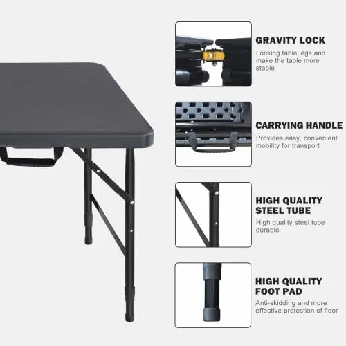 Folding Table 4FT, Heavy Duty Portable Plastic Folding Table with Handle, Anti-Slip Feet, Waterproof, Easy to Clean, Adjustable Height, 300LBS Capacity, Foldable for Indoor Outdoor Use(Black)