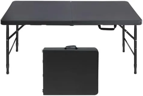 Folding Table 4FT, Heavy Duty Portable Plastic Folding Table with Handle, Anti-Slip Feet, Waterproof, Easy to Clean, Adjustable Height, 300LBS Capacity, Foldable for Indoor Outdoor Use(Black)