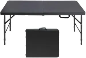 Folding Table 4FT, Heavy Duty Portable Plastic Folding Table with Handle, Anti-Slip Feet, Waterproof, Easy to Clean, Adjustable Height, 300LBS Capacity, Foldable for Indoor Outdoor Use(Black)