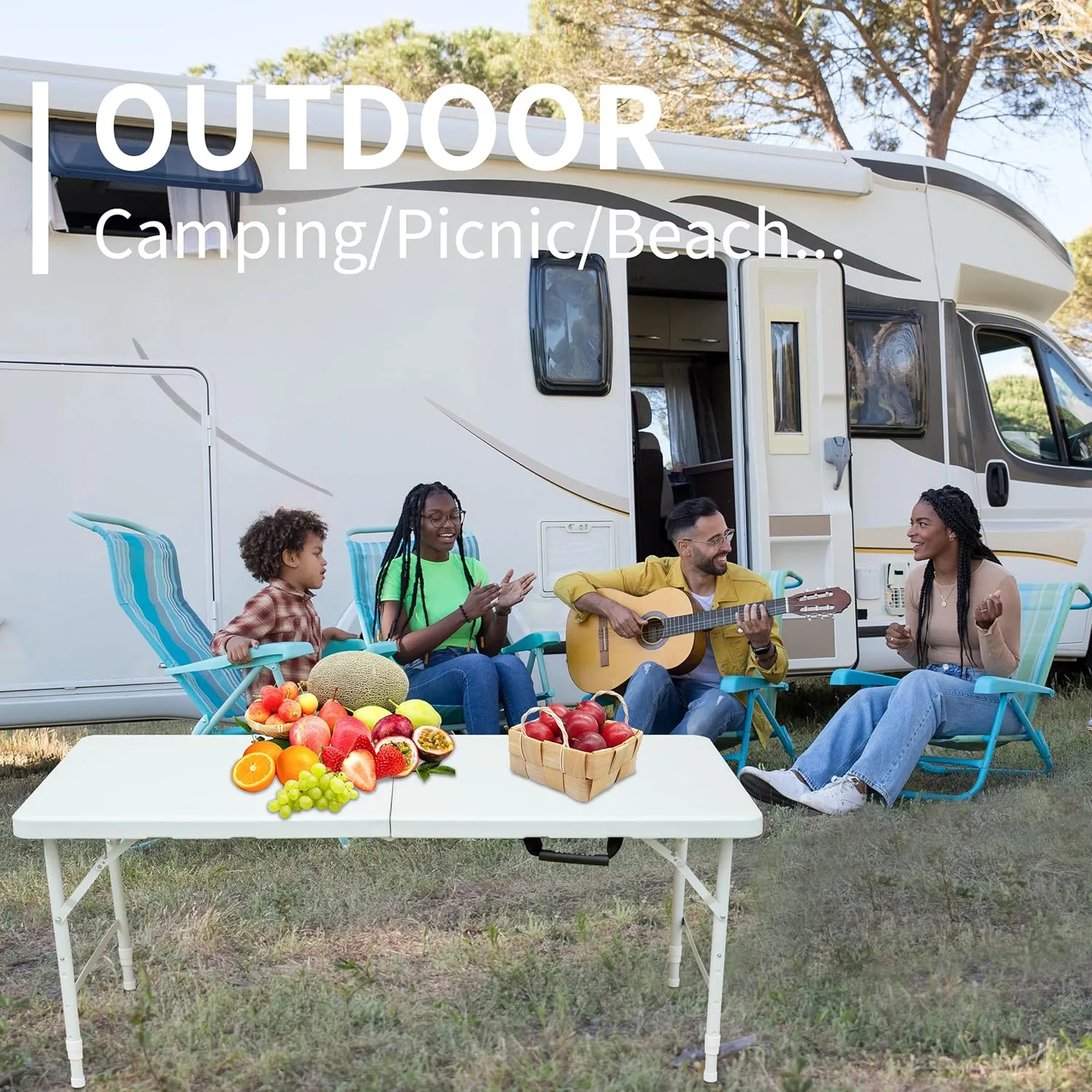 Folding Table 4FT, Heavy Duty Portable Plastic Folding Table with Handle, Anti-Slip Feet, Waterproof, Easy to Clean, Adjustable Height, 300LBS Capacity, Foldable for Indoor Outdoor Use(White)