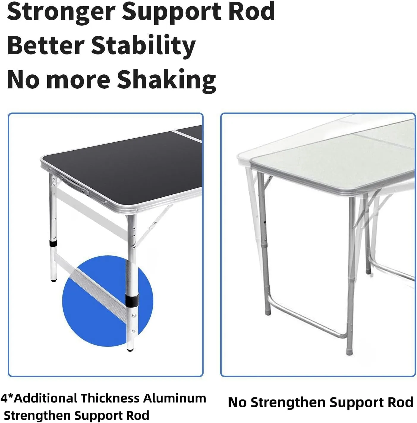 Folding Table Portable Picnic Table 4FT Camping Table Camp Table Black Aluminum Outdoor for Card BBQ 47×23.6×27/24/21 inch