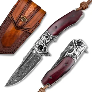 Folding Tactical Knife with 3inch Handmade Damascus Steel Blade, Wooden Handle, Liner Lock, Sheath, EDC Pocket Knife for Men