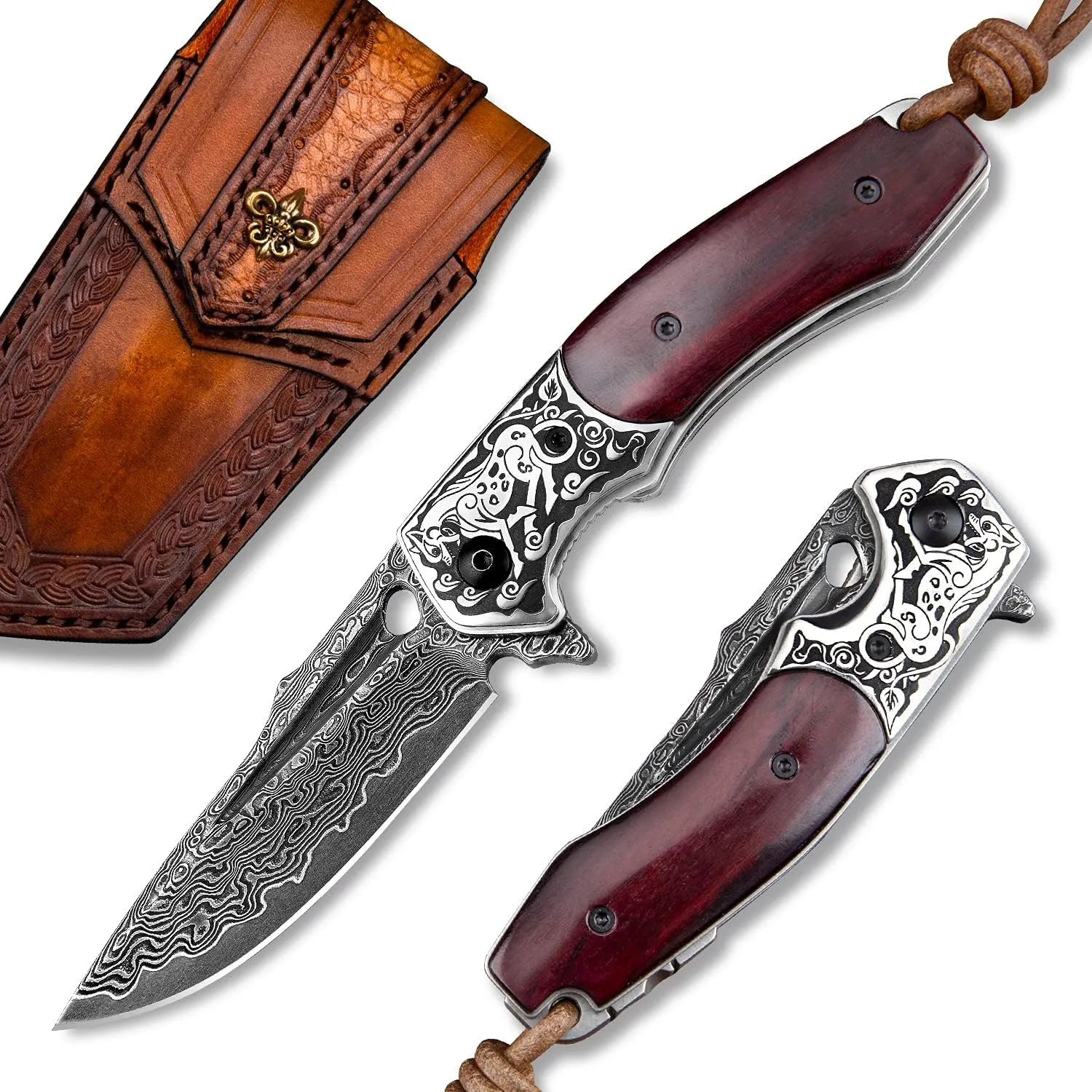 Folding Tactical Knife with 3inch Handmade Damascus Steel Blade, Wooden Handle, Liner Lock, Sheath, EDC Pocket Knife for Men