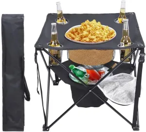 Folding Tailgating Table with Cooler,Lightweight Folding Camping Table w/Mesh Food Basket,4 Cup Holder,Carry Bag for Outdoor Picnic,Camp,BBQ,Parties,Black