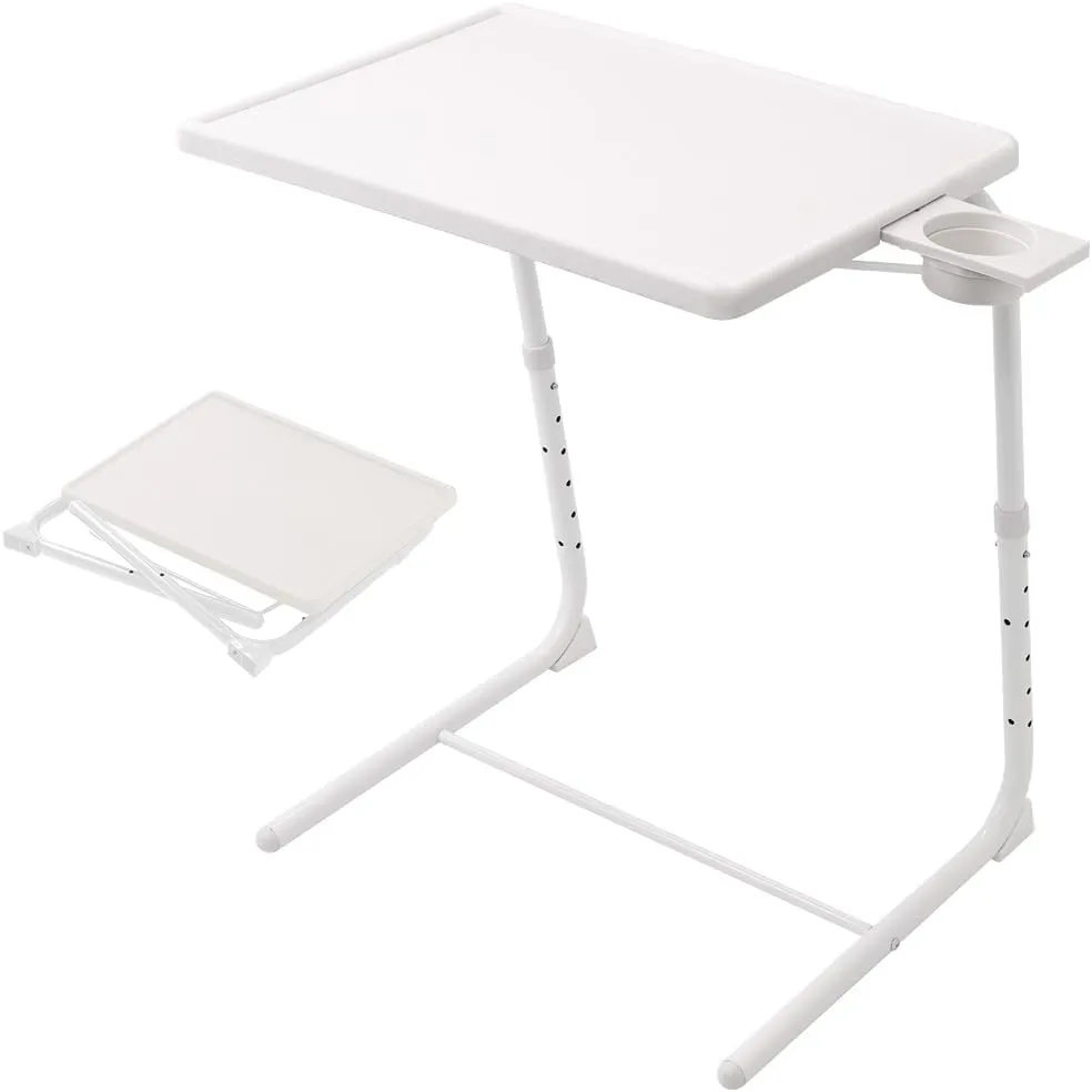 Folding TV Tray Table, Small Bedside Sofa Dinner Table with Cup Holder, Adjustable 6 Height & 3 Tilt Angle (White - 1 pc)
