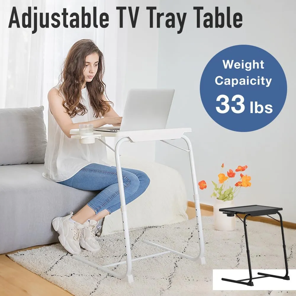 Folding TV Tray Table, Small Bedside Sofa Dinner Table with Cup Holder, Adjustable 6 Height & 3 Tilt Angle (White - 1 pc)