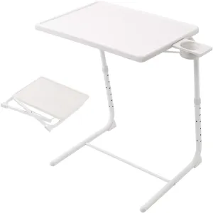 Folding TV Tray Table, Small Bedside Sofa Dinner Table with Cup Holder, Adjustable 6 Height & 3 Tilt Angle (White - 1 pc)