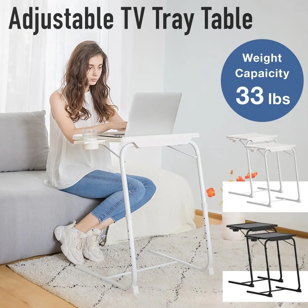 Folding TV Tray Table, Small Folding Bedside Dinner Table with Cup Holder, TV Trays Set of 2, Adjustable 6 Height & 3 Tilt Angle (White - 2 pcs)