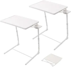 Folding TV Tray Table, Small Folding Bedside Dinner Table with Cup Holder, TV Trays Set of 2, Adjustable 6 Height & 3 Tilt Angle (White - 2 pcs)