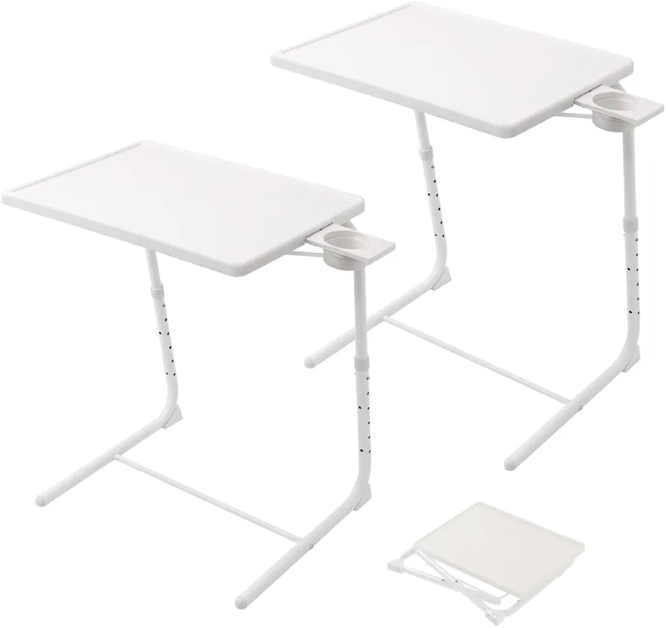 Folding TV Tray Table, Small Folding Bedside Dinner Table with Cup Holder, TV Trays Set of 2, Adjustable 6 Height & 3 Tilt Angle (White - 2 pcs)