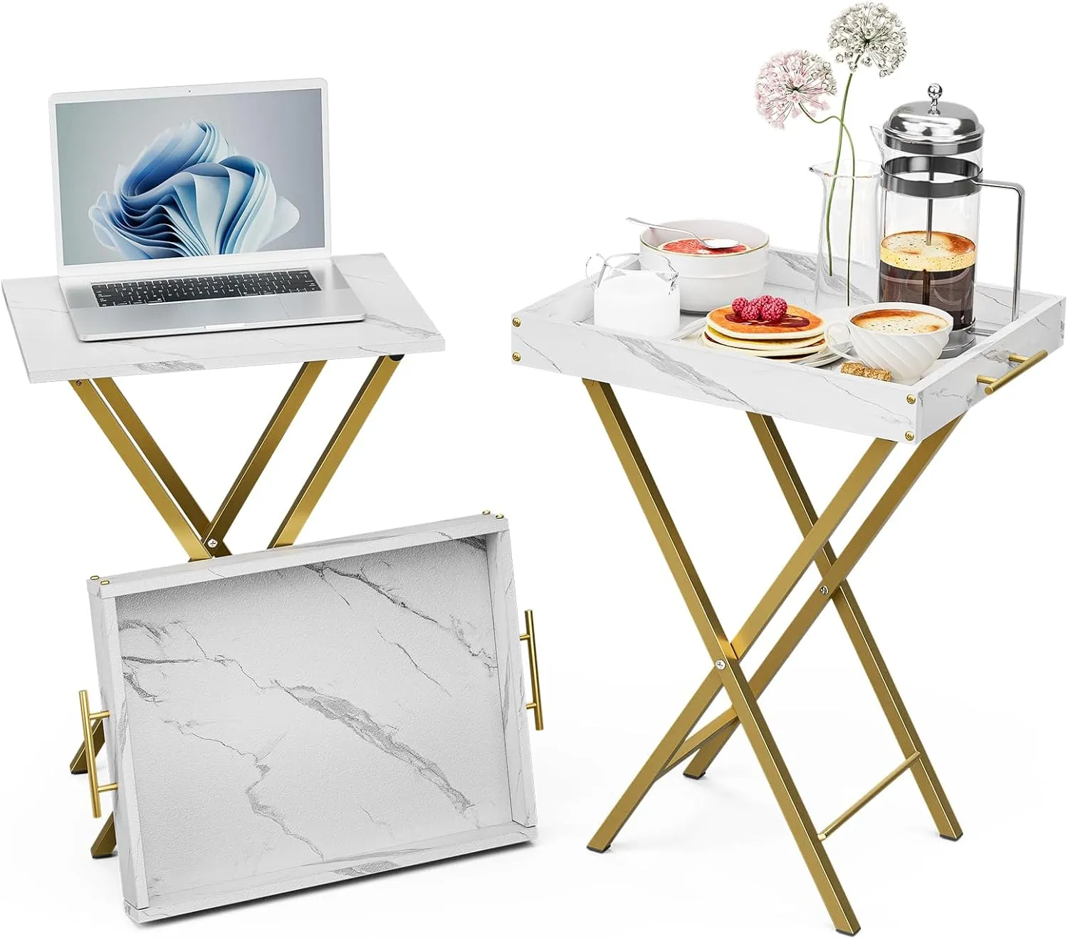 Folding TV Tray Tables, Set of 2 Side Table for Small Place, Snack Eating Tables at Couch, Folding Tables with Removable Serving Tray, Portable End Table Easy Assembly