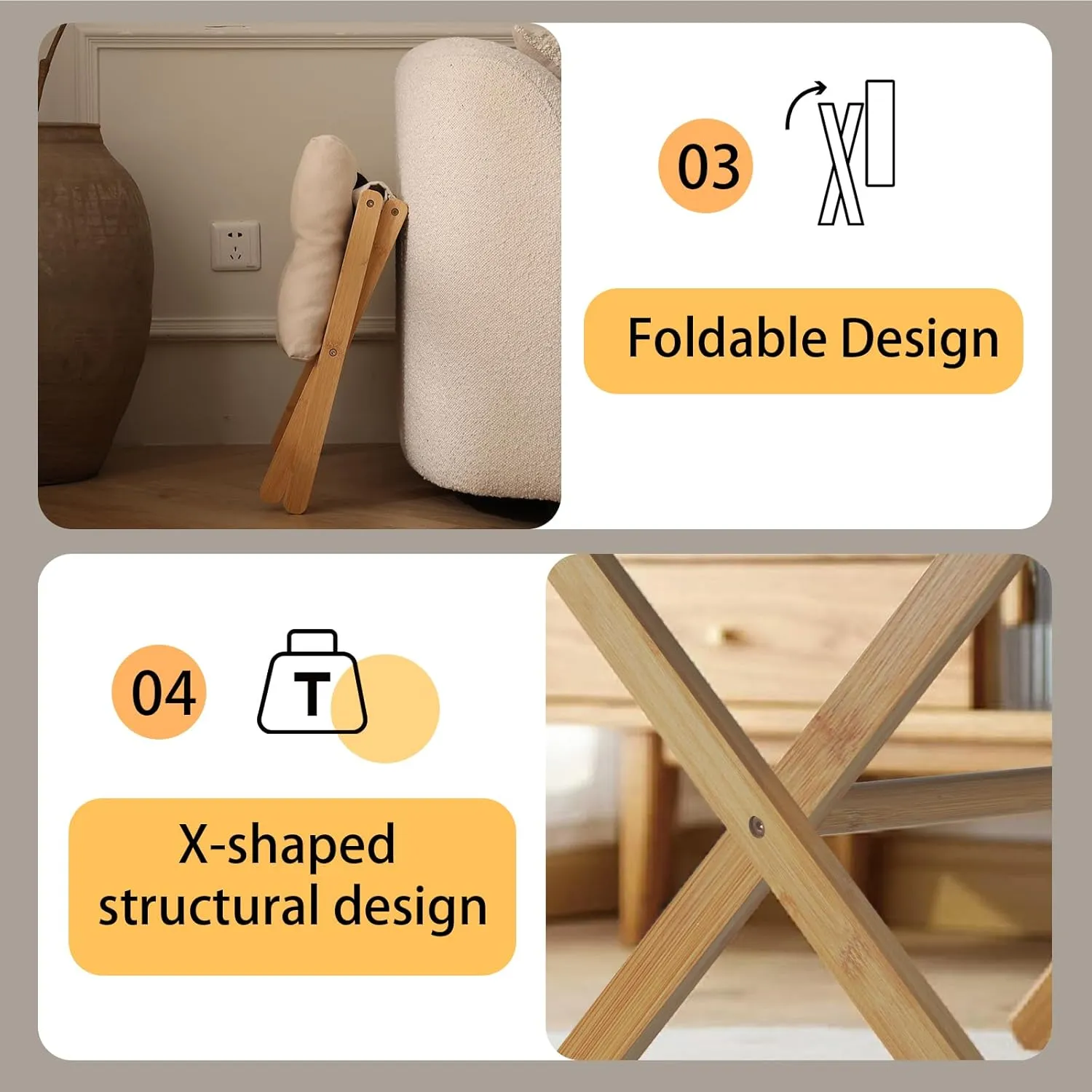 Folding Upholstered Footrest Stool, Small Accent Ottoman with Thick Cotton Cushion & Bamboo X Legs, Modern Padded Sofa Stool for Makeup Bedroom Living Room (Beige)