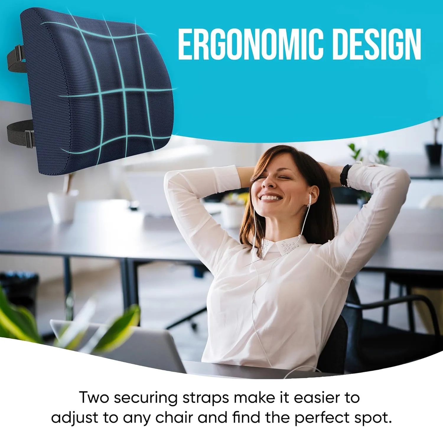 FORTEM Lumbar Support Cushion, Back Support for Office Chair and Car Seat, Back Rest for Gaming Chair, Memory Foam Pillow, Desk Chair Cushion, Breathable & Washable Cover, Adjustable Straps