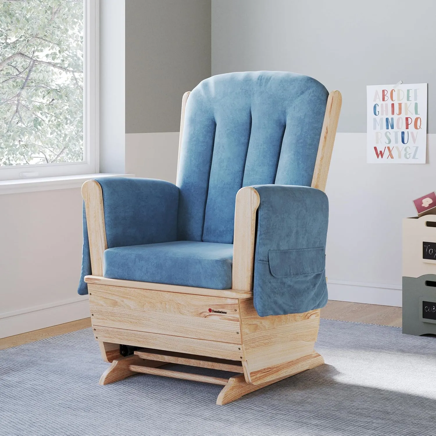 Foundations SafeRocker Standard Glider Rocker - Baby Feeding and Rocking Chair for Nursery, Daycare Environment - Nursery Rocking Chairs with Wood Skirt Base - Blue Microfiber