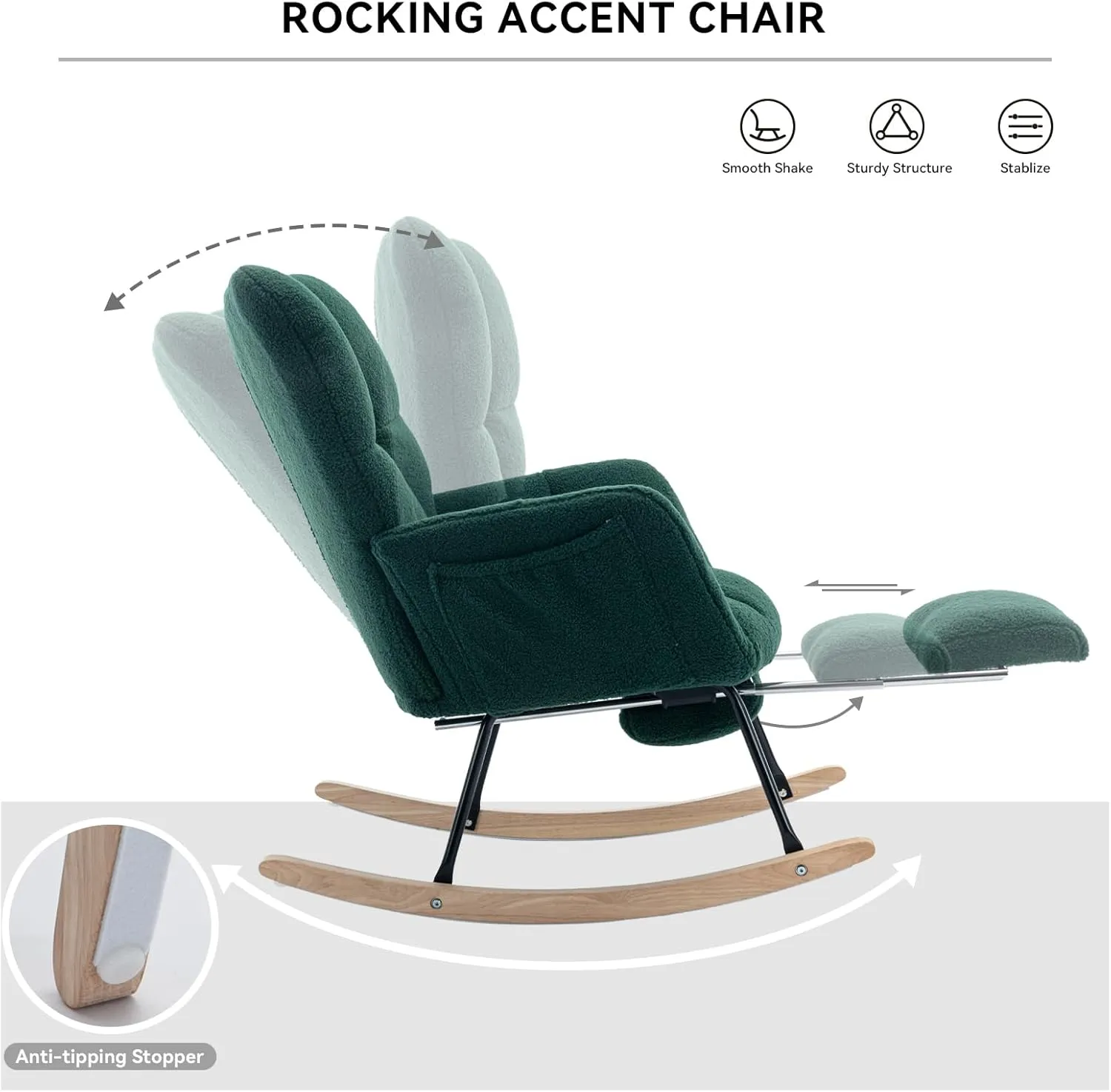 FOXHUNTER Rocking Chair Nursery with Foot Rest, Teddy Glider Rocking Chair for Nursery Upholstered Rocker Recliner Chair, Comfy Armchair with Adjustable Footrest for Living Room Bedroom, Green Teddy