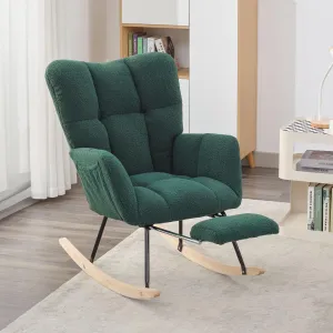 FOXHUNTER Rocking Chair Nursery with Foot Rest, Teddy Glider Rocking Chair for Nursery Upholstered Rocker Recliner Chair, Comfy Armchair with Adjustable Footrest for Living Room Bedroom, Green Teddy