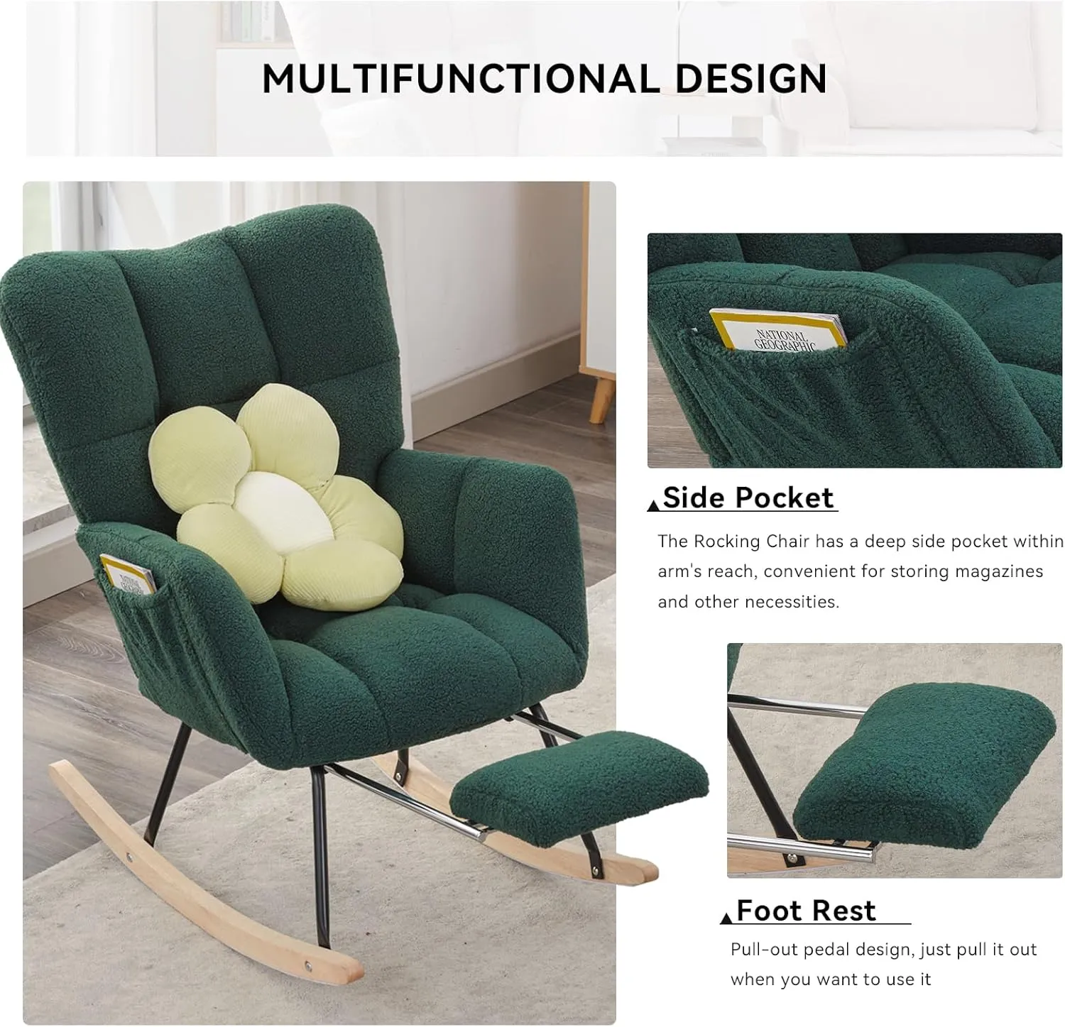 FOXHUNTER Rocking Chair Nursery with Foot Rest, Teddy Glider Rocking Chair for Nursery Upholstered Rocker Recliner Chair, Comfy Armchair with Adjustable Footrest for Living Room Bedroom, Green Teddy