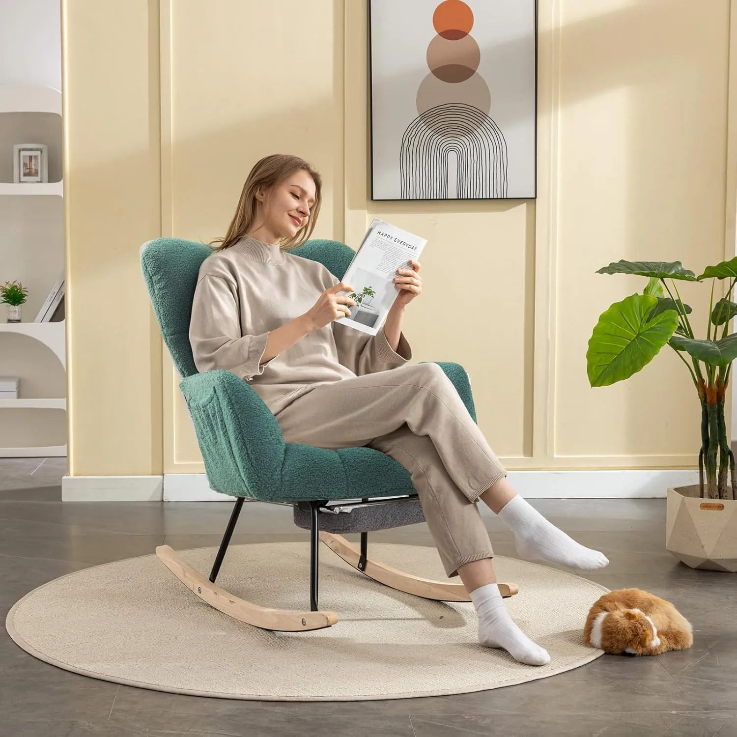 FOXHUNTER Rocking Chair Nursery with Foot Rest, Teddy Glider Rocking Chair for Nursery Upholstered Rocker Recliner Chair, Comfy Armchair with Adjustable Footrest for Living Room Bedroom, Green Teddy