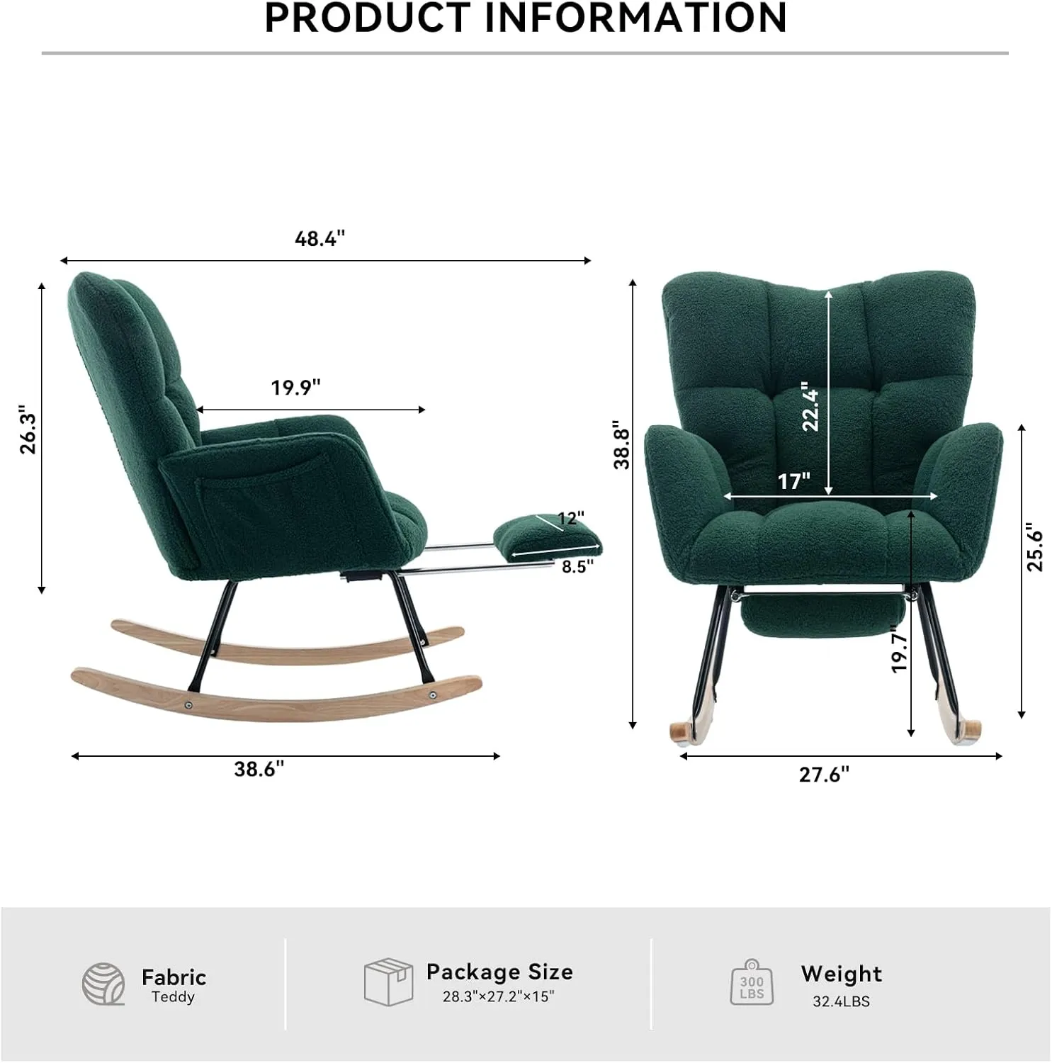 FOXHUNTER Rocking Chair Nursery with Foot Rest, Teddy Glider Rocking Chair for Nursery Upholstered Rocker Recliner Chair, Comfy Armchair with Adjustable Footrest for Living Room Bedroom, Green Teddy