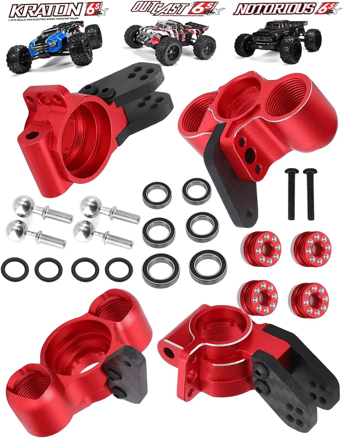 Front Knuckles Steering Blocks & Rear Hub Stub Axle Carriers for 1/8 Arrma Kraton/Notorious/Outcast 6S 4WD BLX,Alloy Upgrades Part Steering Knuckle,#AR330505#AR330404,Red