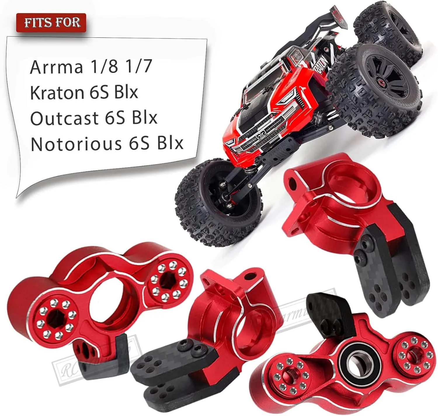 Front Knuckles Steering Blocks & Rear Hub Stub Axle Carriers for 1/8 Arrma Kraton/Notorious/Outcast 6S 4WD BLX,Alloy Upgrades Part Steering Knuckle,#AR330505#AR330404,Red