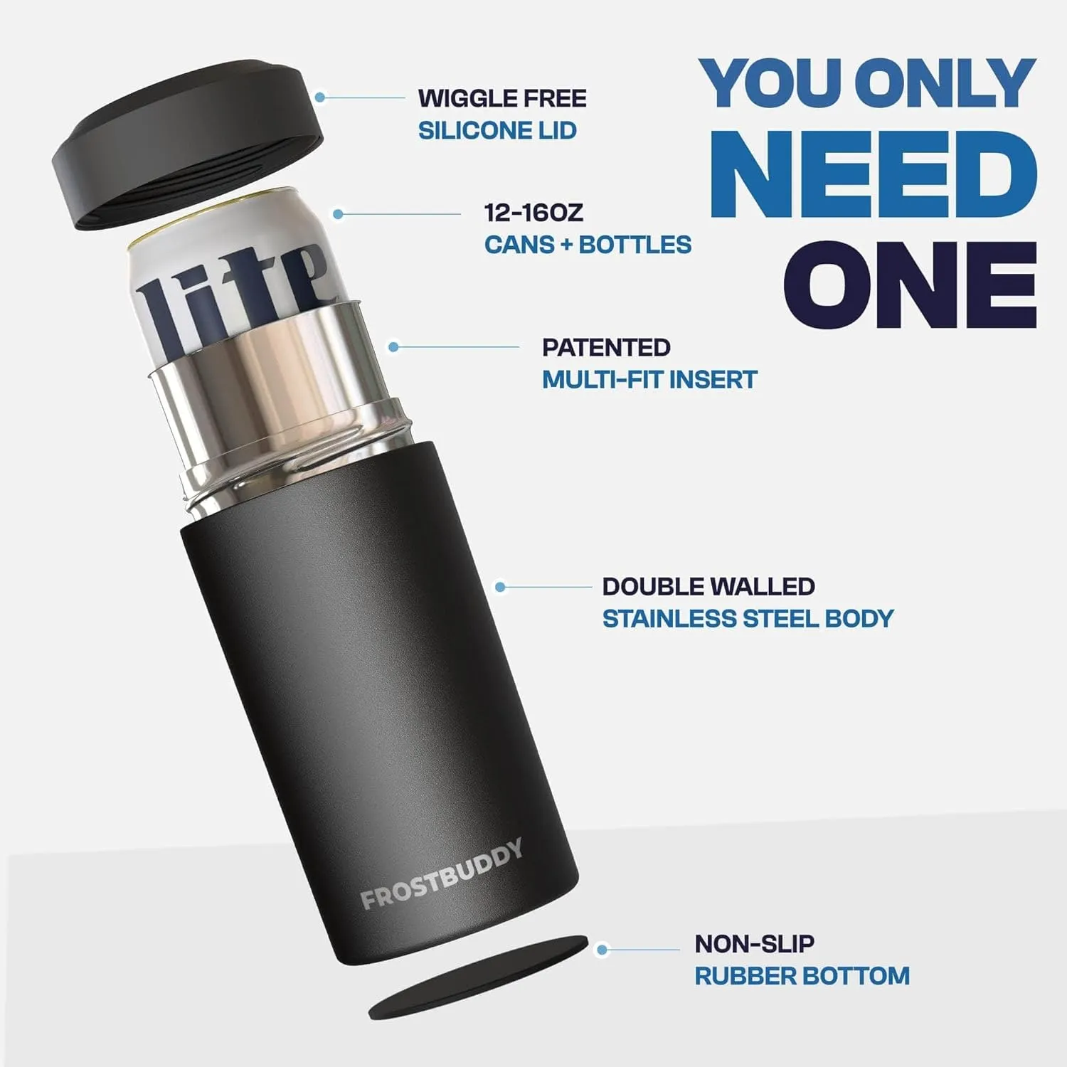 Frost Buddy Universal Can Cooler - Fits All - For Regular 12 & 16 oz or Slim-Size Bottles - Insulated Double-Walled Stainless Steel (Royal)