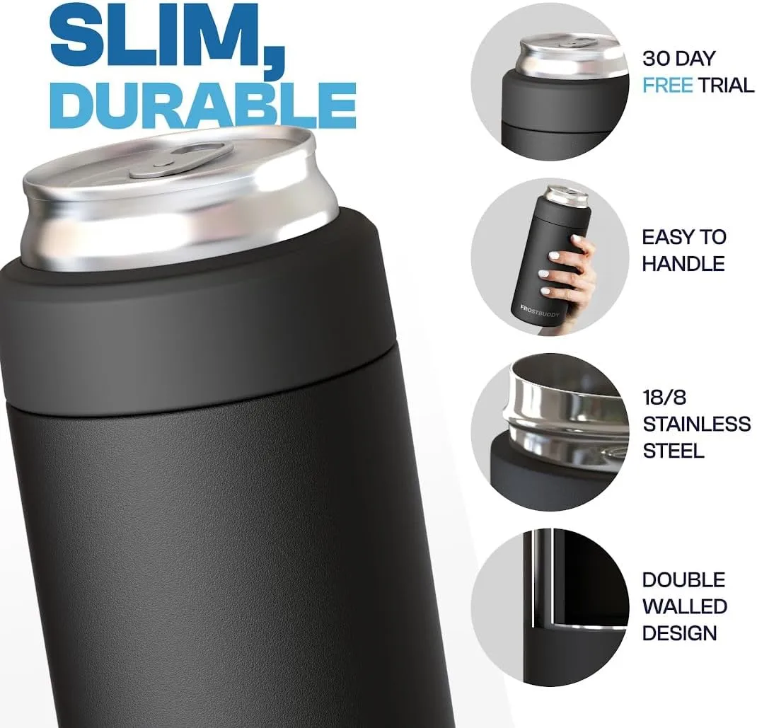Frost Buddy Universal Mini Can Cooler – Fits 12oz Slim & 7.5oz Mini Cans – Vacuum Insulated Stainless Steel – Keeps Beverages Cold or Hot – Compact, Travel & Cup Holder Friendly