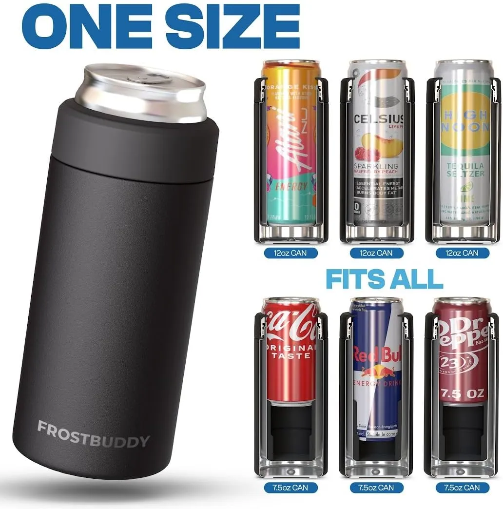 Frost Buddy Universal Mini Can Cooler – Fits 12oz Slim & 7.5oz Mini Cans – Vacuum Insulated Stainless Steel – Keeps Beverages Cold or Hot – Compact, Travel & Cup Holder Friendly