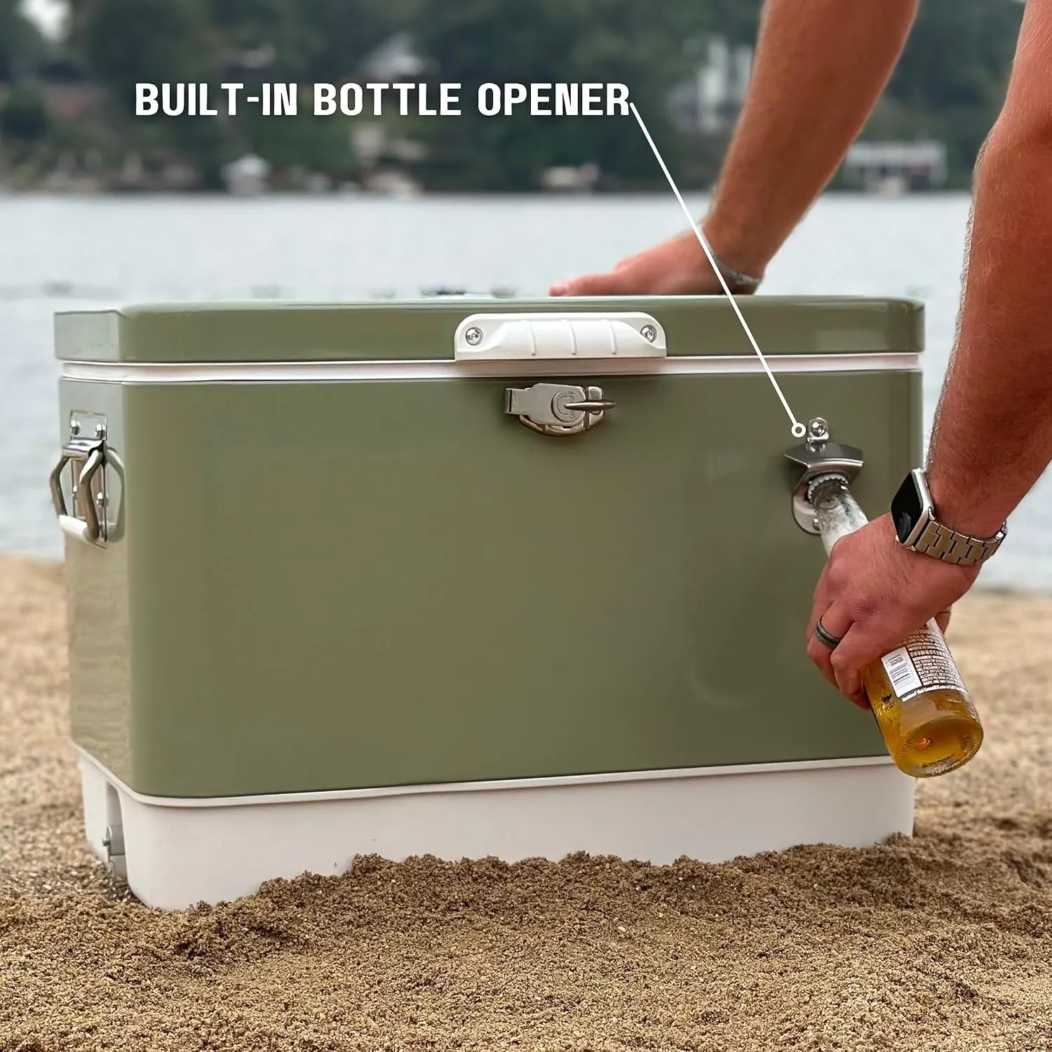 FSE Retro Metal Cooler, 80 Can/54 Qt. Capacity, Hard-Sided, Two Tone, Holds Up to 80 Beverage Cans, Metal Construction with Plastic Lining
