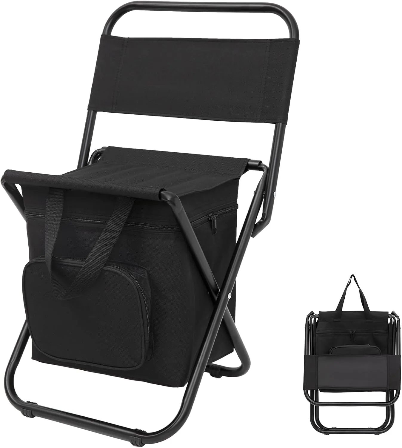 FUNDANGO Small Fishing Chair with Cooler Bag, Lightweight Camping Chair Compact Fishing Stool with Backrest for RV Hiking Travel, Hunting, Ice Fishing Gifts Gear for Men