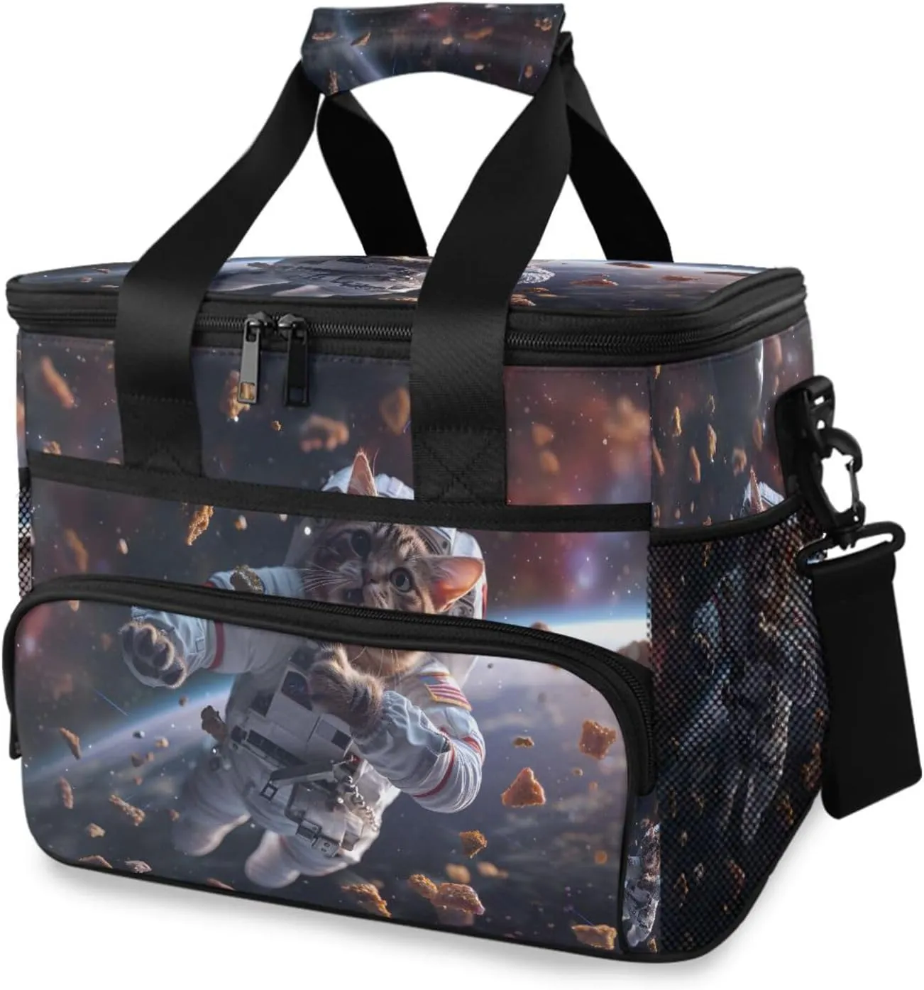 Funny Cat Astronaut Galaxy Cooler Bag Insulated Cooler Soft Sided Cooler 24 Can Portable Picnic Bag Large Leakproof Lunch Bag Box for Beach Grocery Camping Travel Car Men Women