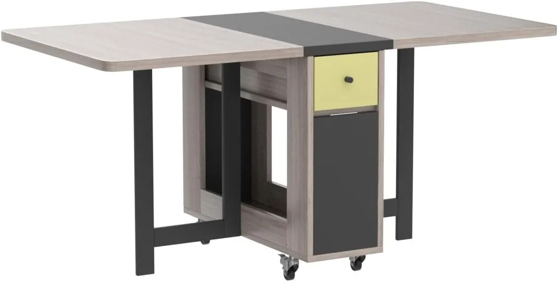 FUNROLUX Folding Dining Table with Storage Rack and 2 Drawers, Movable Kitchen Table Extendable Versatile Table Space Saving Foldable in 3 Forms (Grey)