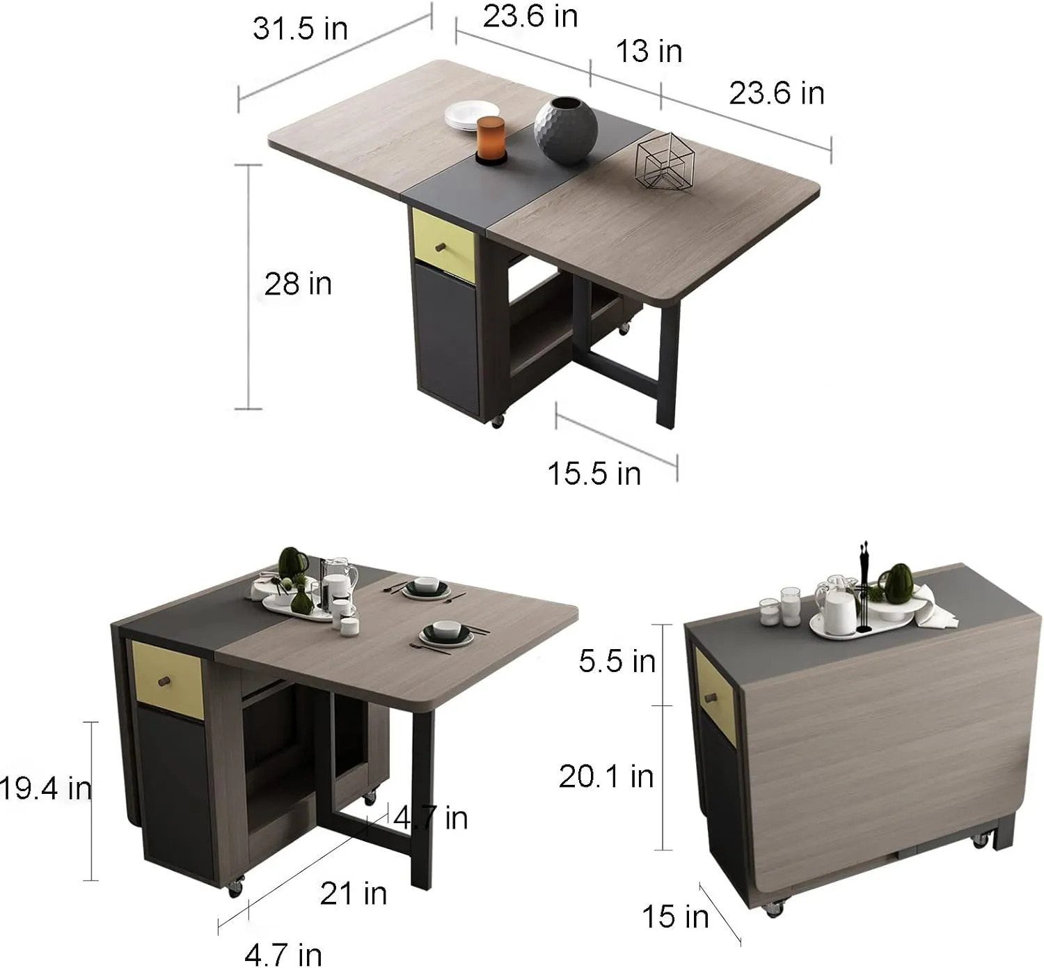 FUNROLUX Folding Dining Table with Storage Rack and 2 Drawers, Movable Kitchen Table Extendable Versatile Table Space Saving Foldable in 3 Forms (Grey)