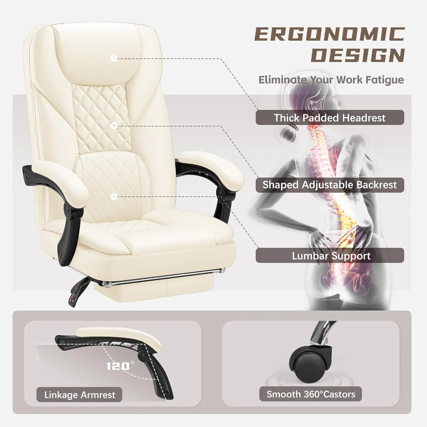 Furmax Office Chair with Footrest Ergonomic High Back Design Executive Computer Desk Chair400lbs, 90-155° Reclining Leather Home Office Desk Chairs Swivel Task Chairs with Wheels (Beige)