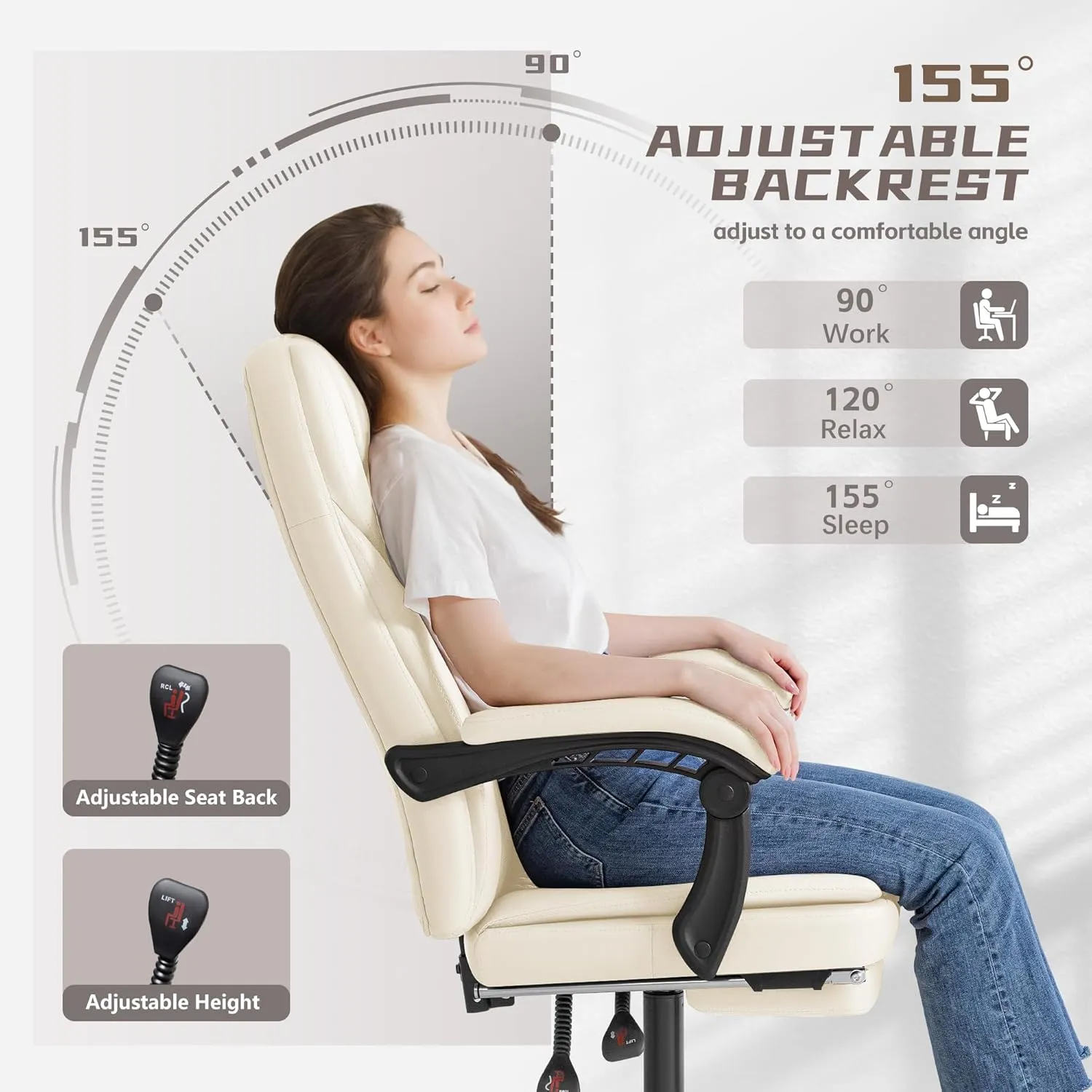 Furmax Office Chair with Footrest Ergonomic High Back Design Executive Computer Desk Chair400lbs, 90-155° Reclining Leather Home Office Desk Chairs Swivel Task Chairs with Wheels (Beige)