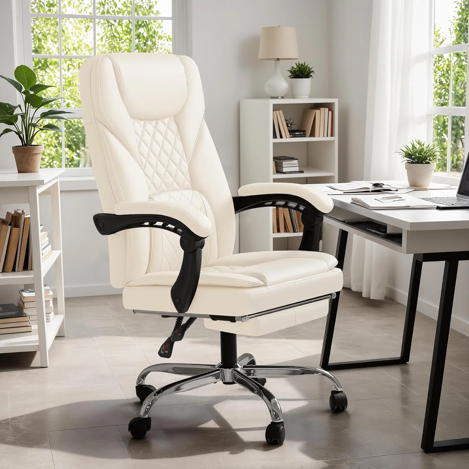 Furmax Office Chair with Footrest Ergonomic High Back Design Executive Computer Desk Chair400lbs, 90-155° Reclining Leather Home Office Desk Chairs Swivel Task Chairs with Wheels (Beige)