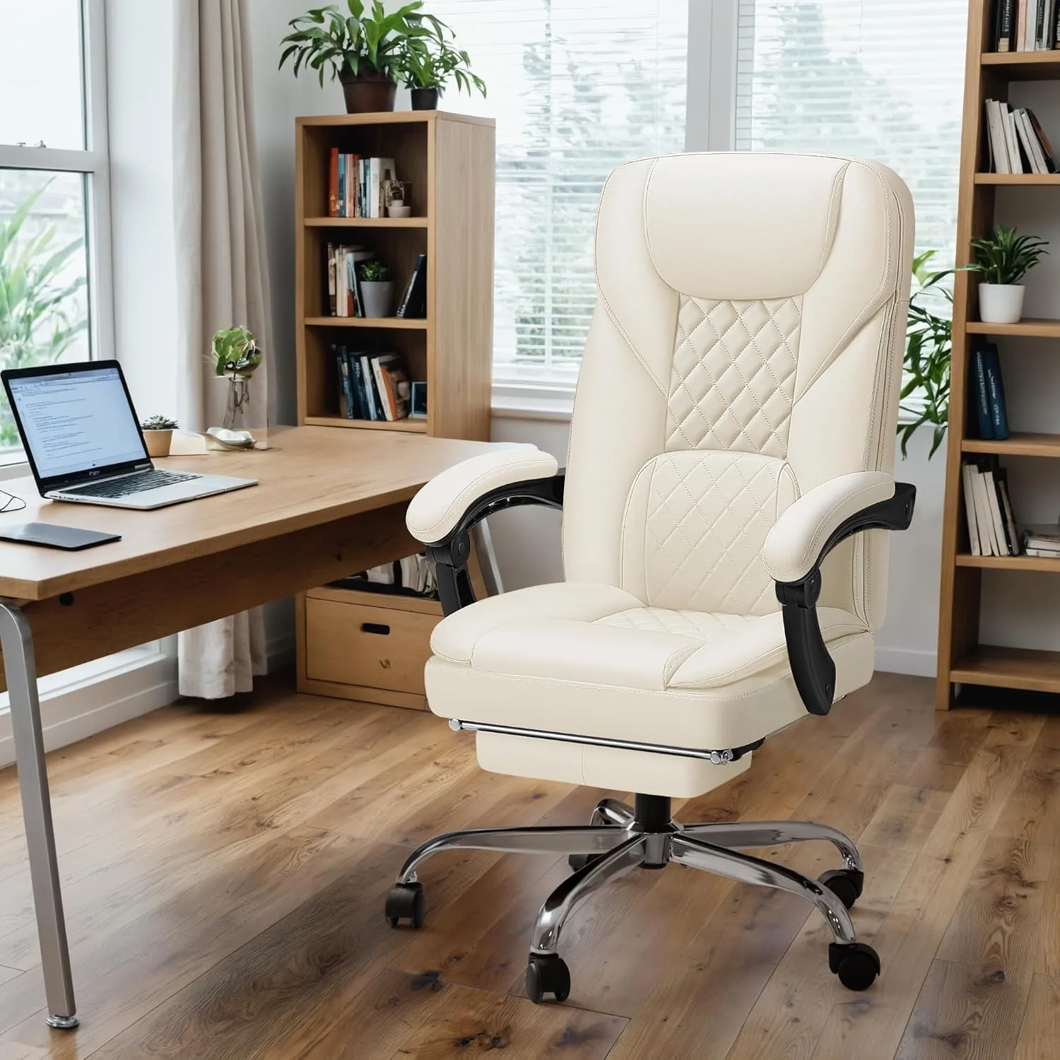 Furmax Office Chair with Footrest Ergonomic High Back Design Executive Computer Desk Chair400lbs, 90-155° Reclining Leather Home Office Desk Chairs Swivel Task Chairs with Wheels (Beige)