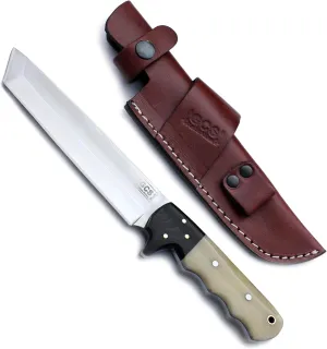 GCS Custom Handmade Coloured Bone Handle D2 Tool Steel Tanto Survival Tactical Fixed Blade Knife Buffalo Hide Leather Sheath GCS177
