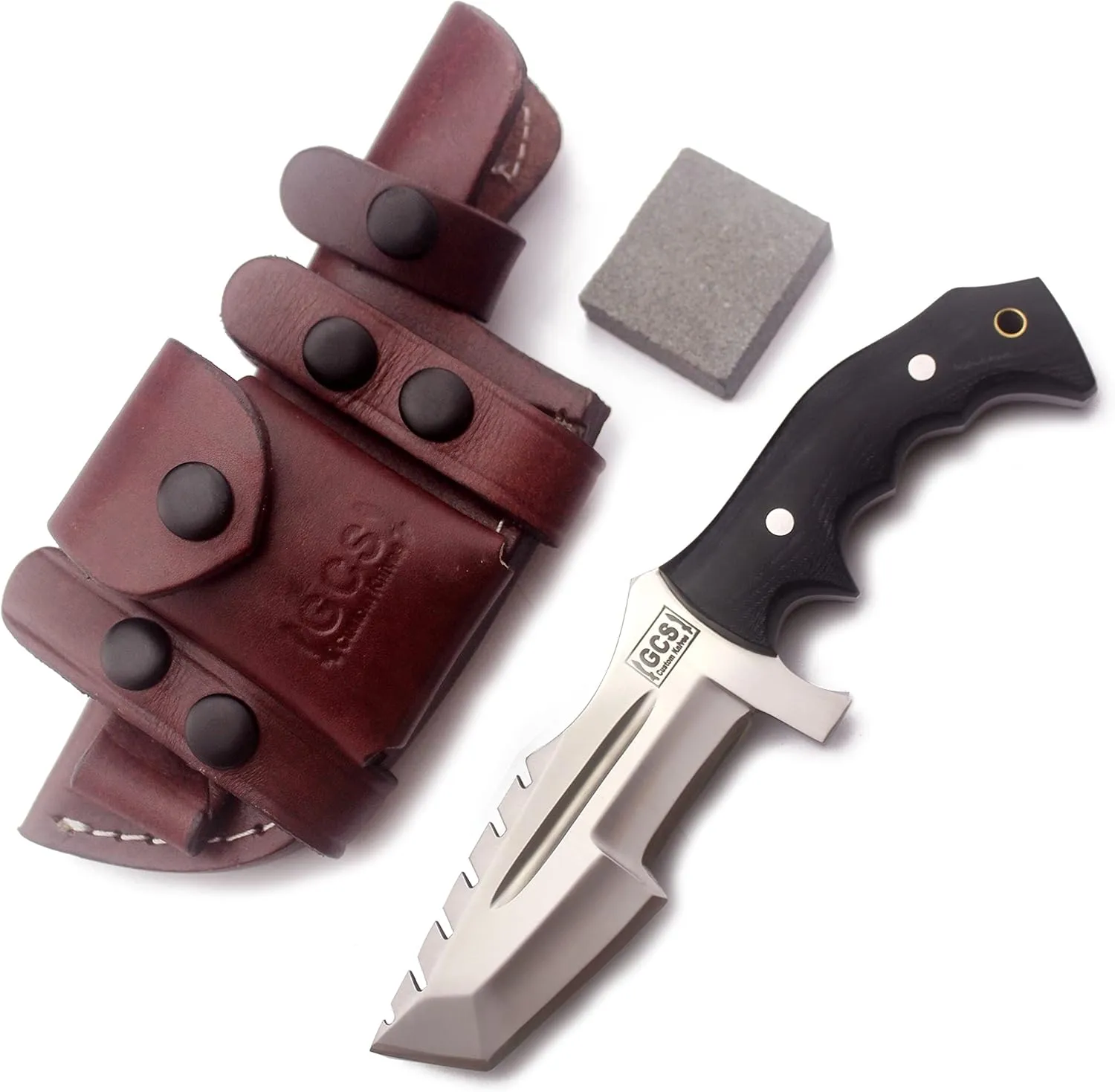 GCS Handmade D2 steel Hunting Knife G10 Handle Fixed Blade Knife Right Hand Scout Carry Buffalo leather Sheath and Sharpening Stone for Hunting Camping Survival and EDC