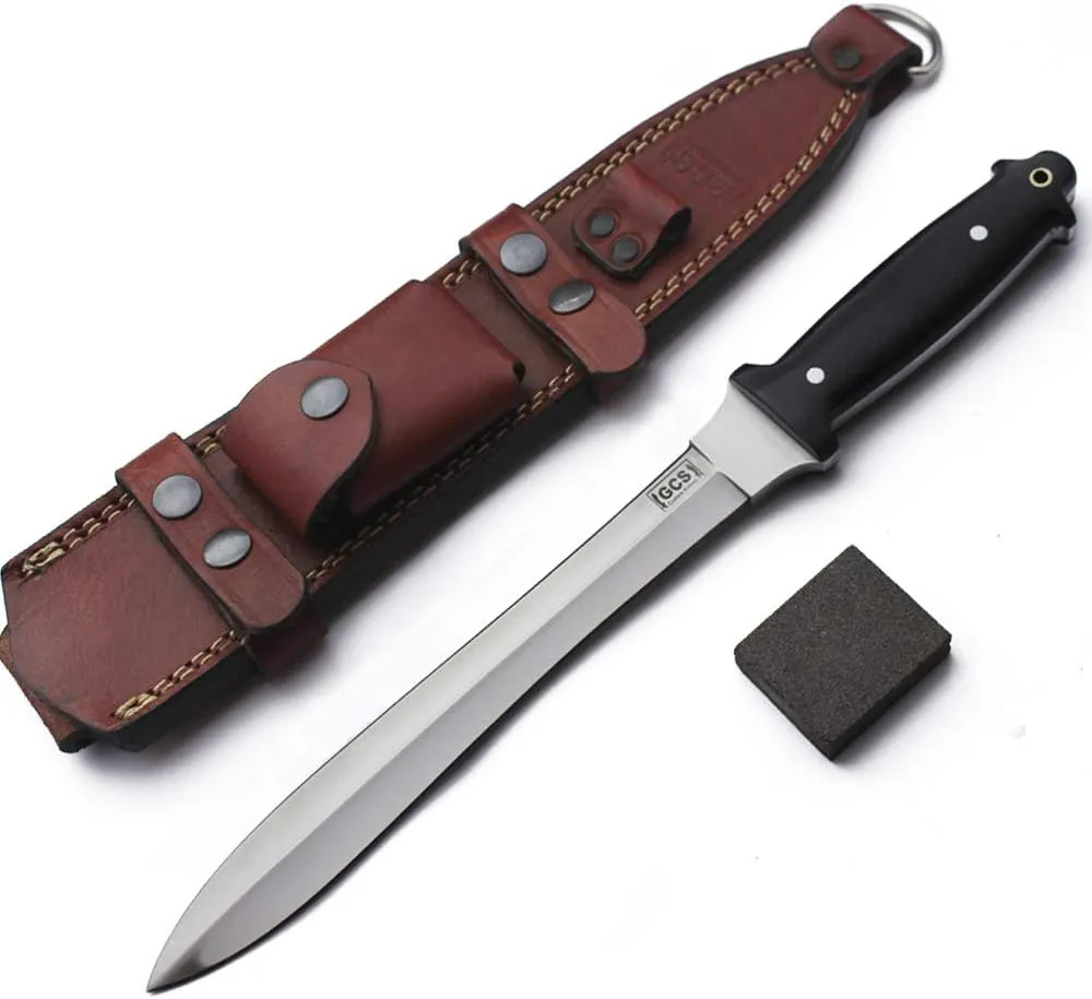 GCS Handmade Survival Tactical Hunting Dagger Black G10 Handle with Brown Leather Right or Left Hand Horizontal Fixed Blade Knife Sheath & Sharpening Stone GCS231