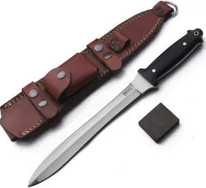 GCS Handmade Survival Tactical Hunting Dagger Black G10 Handle with Brown Leather Right or Left Hand Horizontal Fixed Blade Knife Sheath & Sharpening Stone GCS231