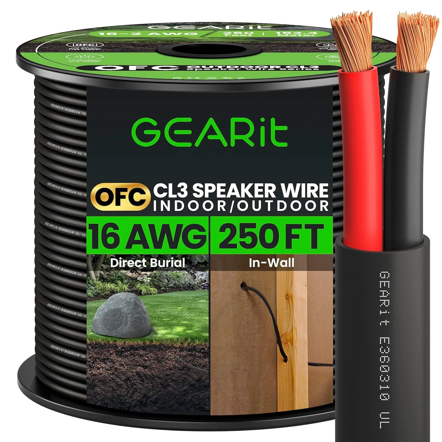 GearIT 16/2 Speaker Wire (250 Feet) 16AWG Gauge - Outdoor Direct Burial in Ground/in Wall / CL3 CL2 Rated / 2 Conductors - OFC Oxygen-Free Copper, Black 250ft