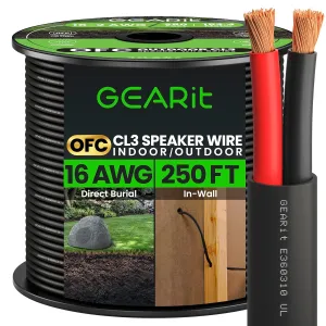 GearIT 16/2 Speaker Wire (250 Feet) 16AWG Gauge - Outdoor Direct Burial in Ground/in Wall / CL3 CL2 Rated / 2 Conductors - OFC Oxygen-Free Copper, Black 250ft