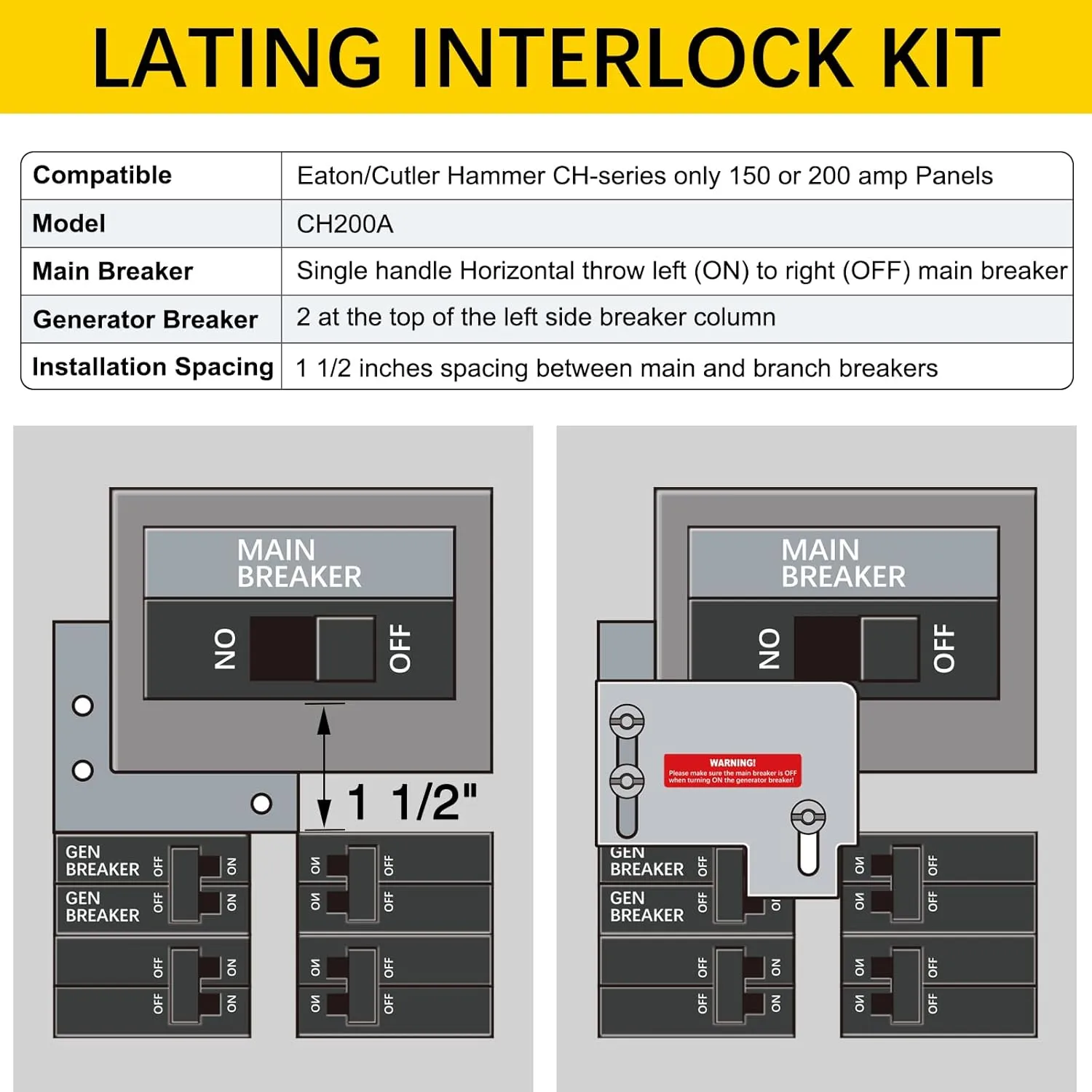 Generator Interlock for Cutler Hammer Only CH Series TAN Breaker 150 or 200 Amp Panels with 1 1/2 Inches Spacing, Silver